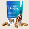 Freeze-dried turkey liver dog treats pouch, blue packaging with dog and treats