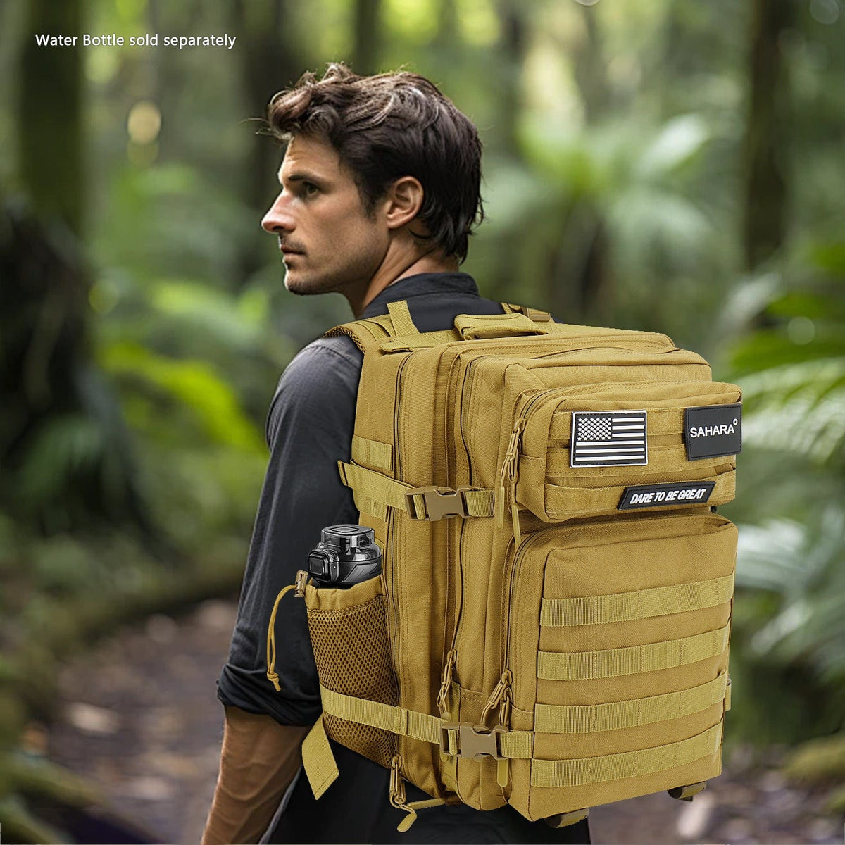 Khaki tactical laptop backpack worn on person, side bottle holder and front patch panel