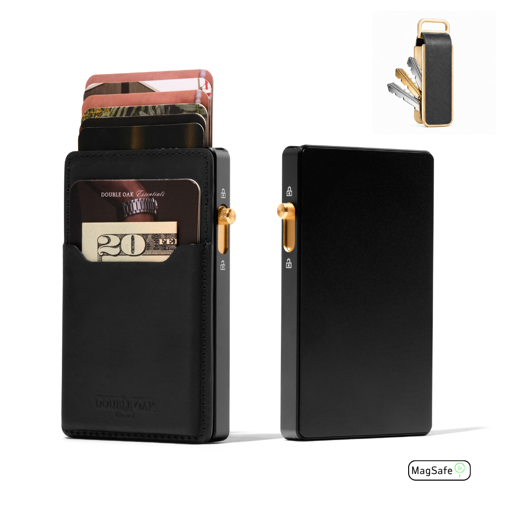 Black leather front card wallet with cash and card slots; includes black back plate.