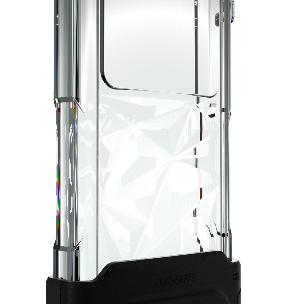 Close-up of clear waterproof phone case housing with geometric pattern and black seal base