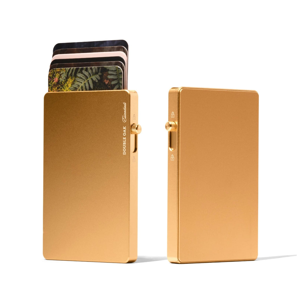Mod wallet with tan leather cardholder and gold metal frame, slim card case