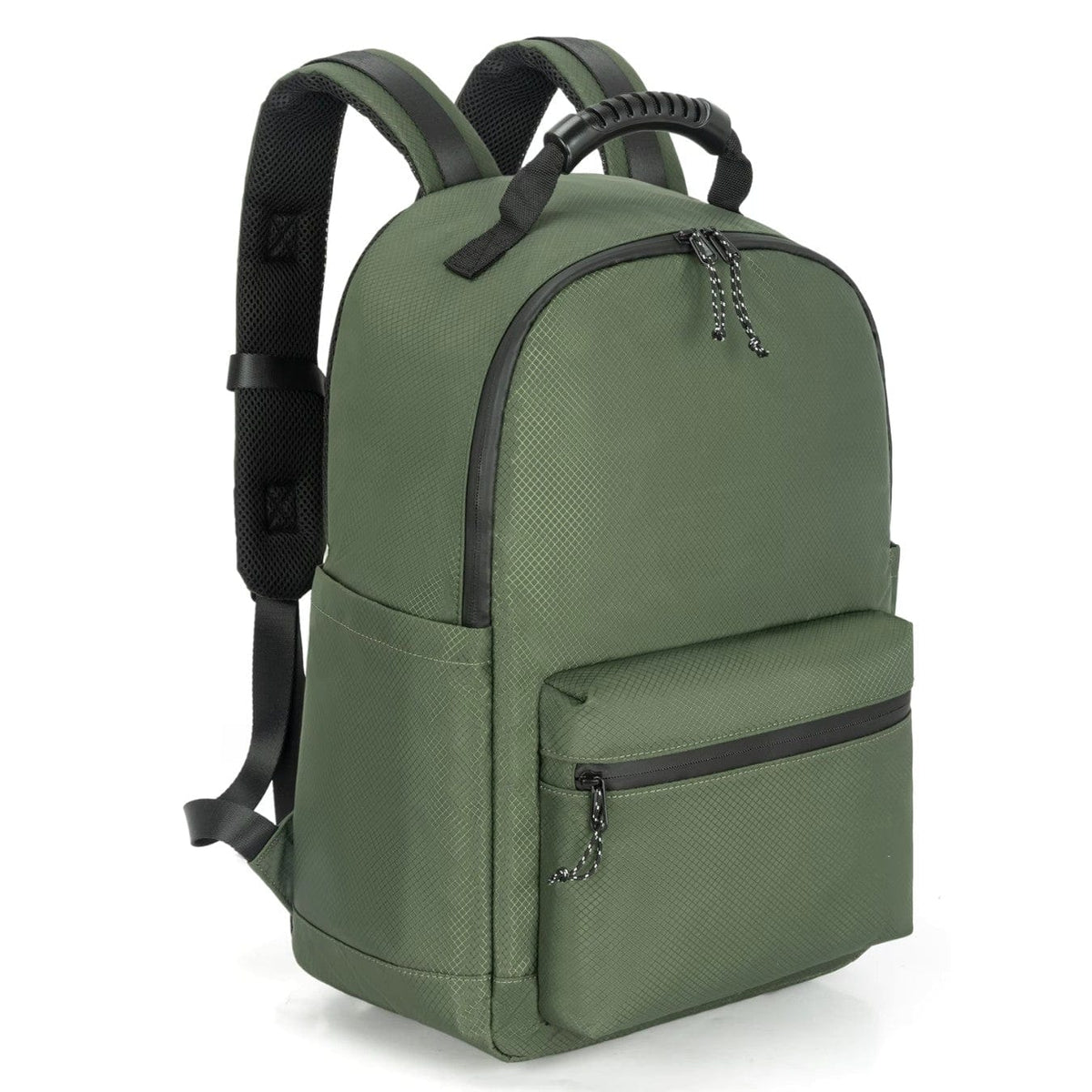 Green fabric backpack with front zipper, top handle, and black mesh shoulder straps