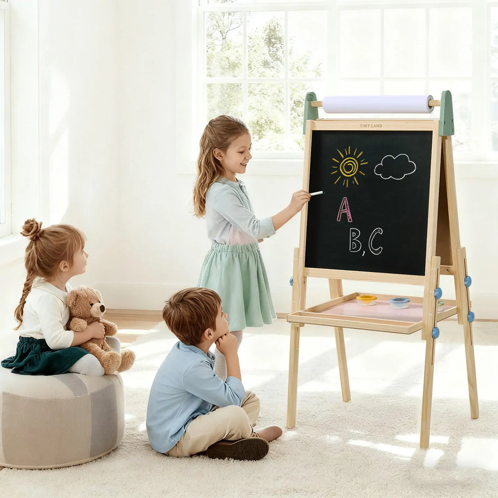Tiny Land® 3-in-1 kids art easel with wooden frame, chalkboard and paper roll