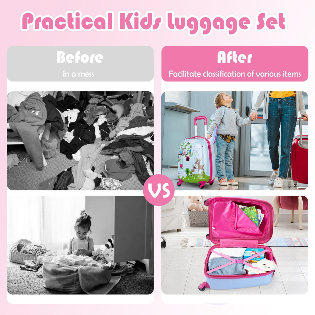 Kids suitcase and backpack set shown with suitcase open for packing, pink and blue