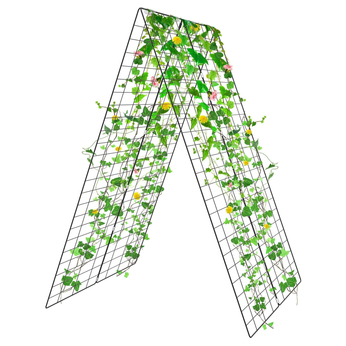 Green metal A-frame trellis support with square grid for climbing plants