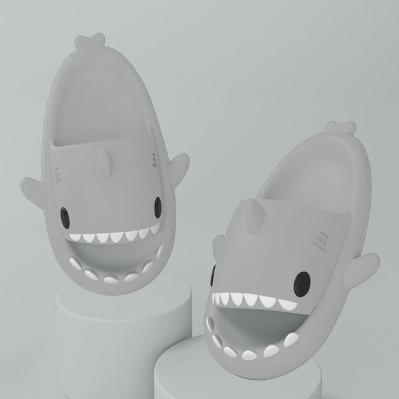 Light gray shark-shaped slide sandals, open toe with smiling face design