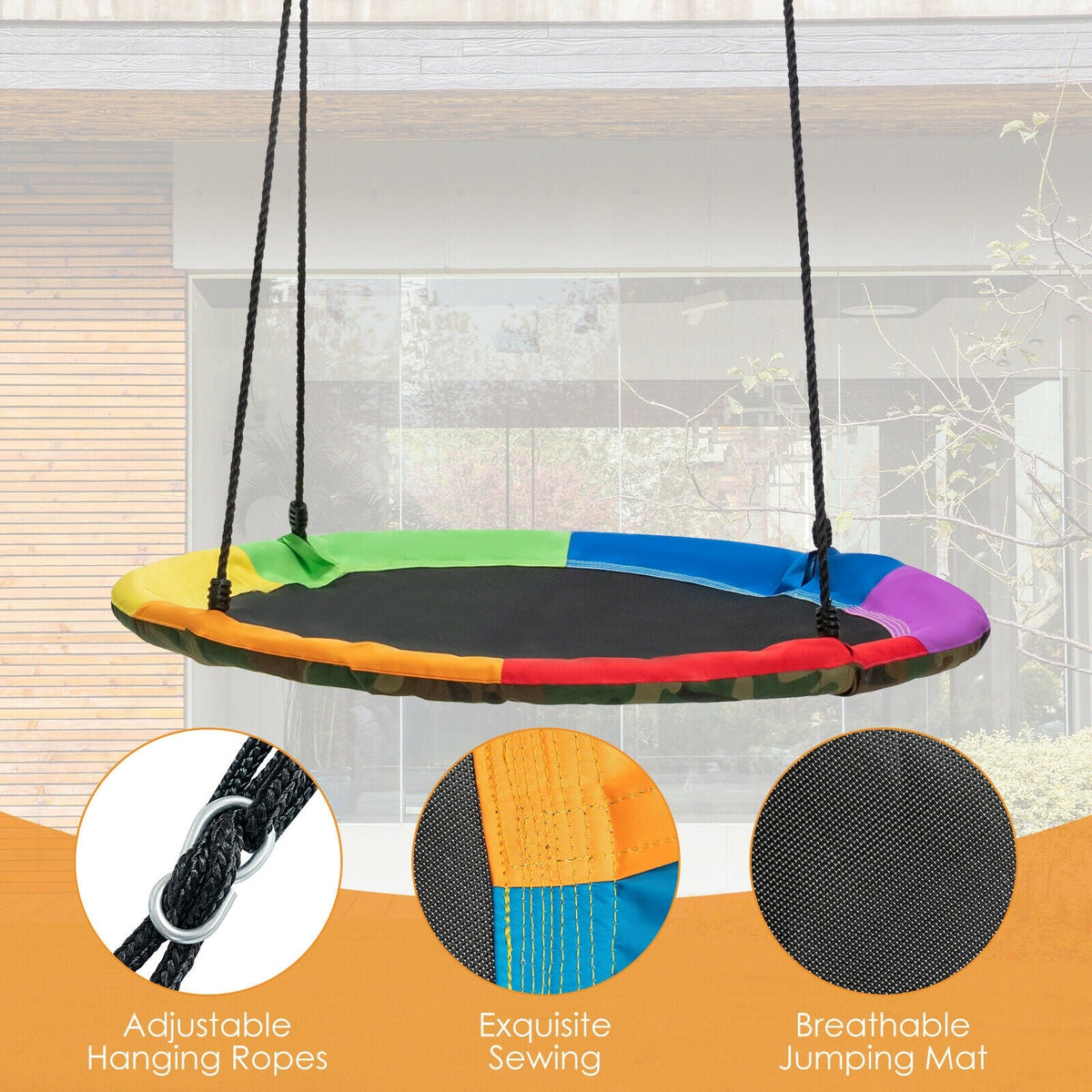 Multicolor saucer swing seat with adjustable hanging straps and stitched edges