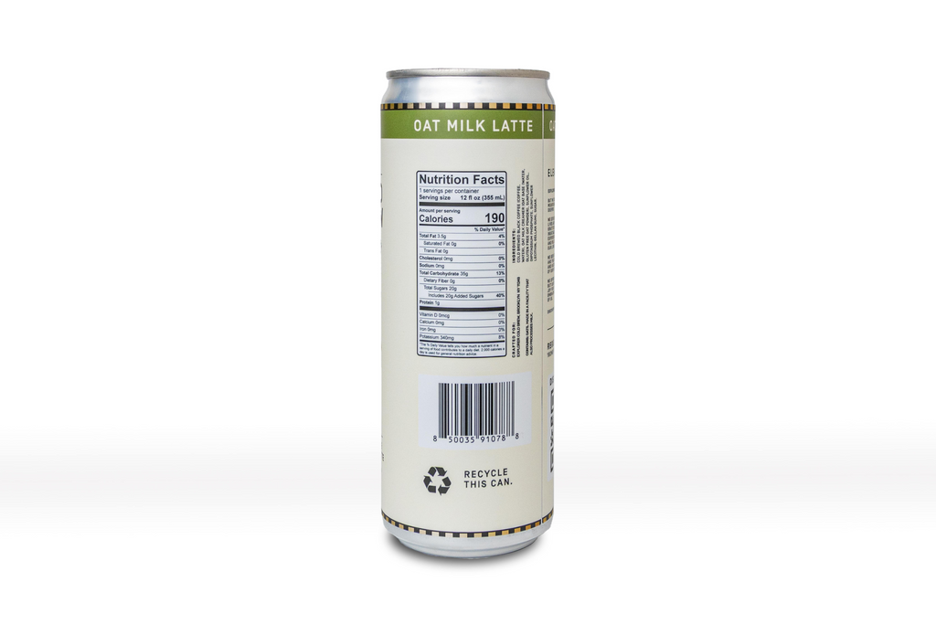 Cold Brew Oat Latte can back with Nutrition Facts panel and recycle icon