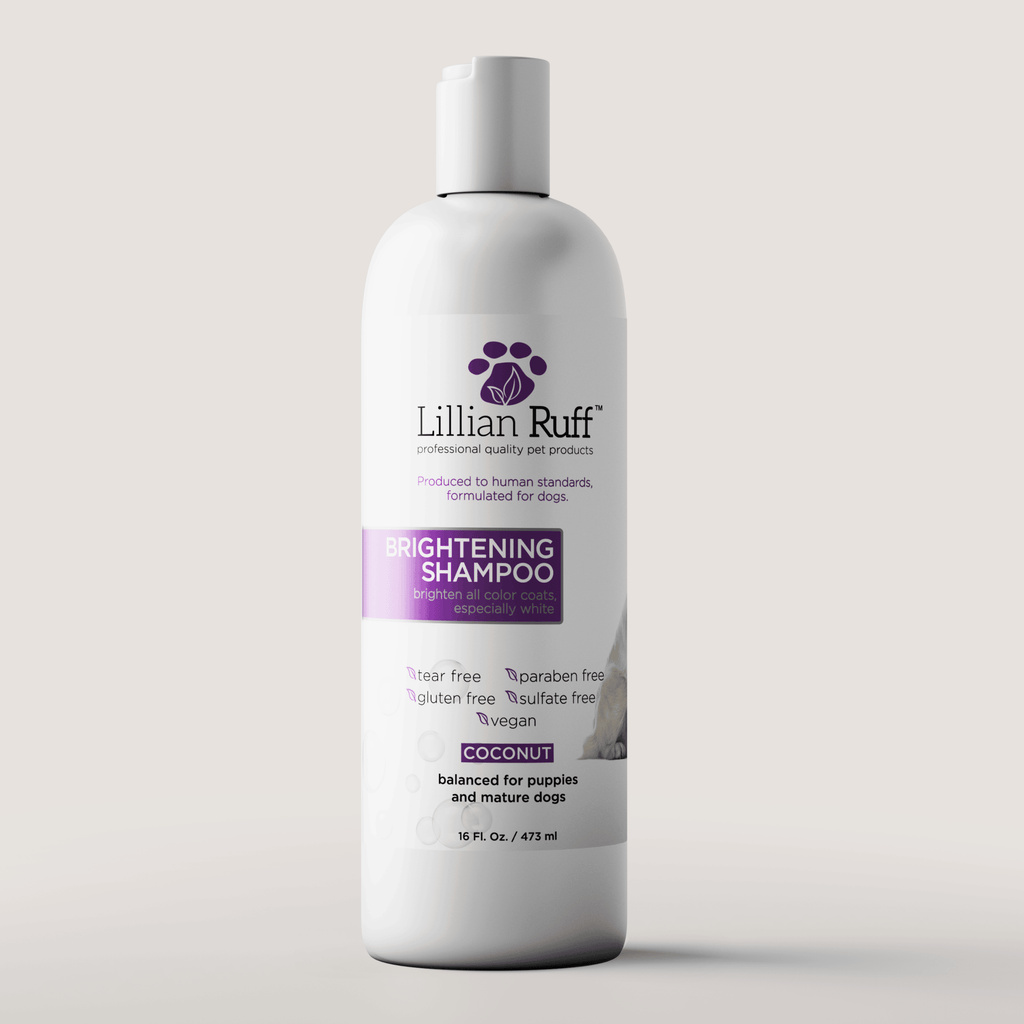 Dog brightening shampoo bottle, white plastic with purple label