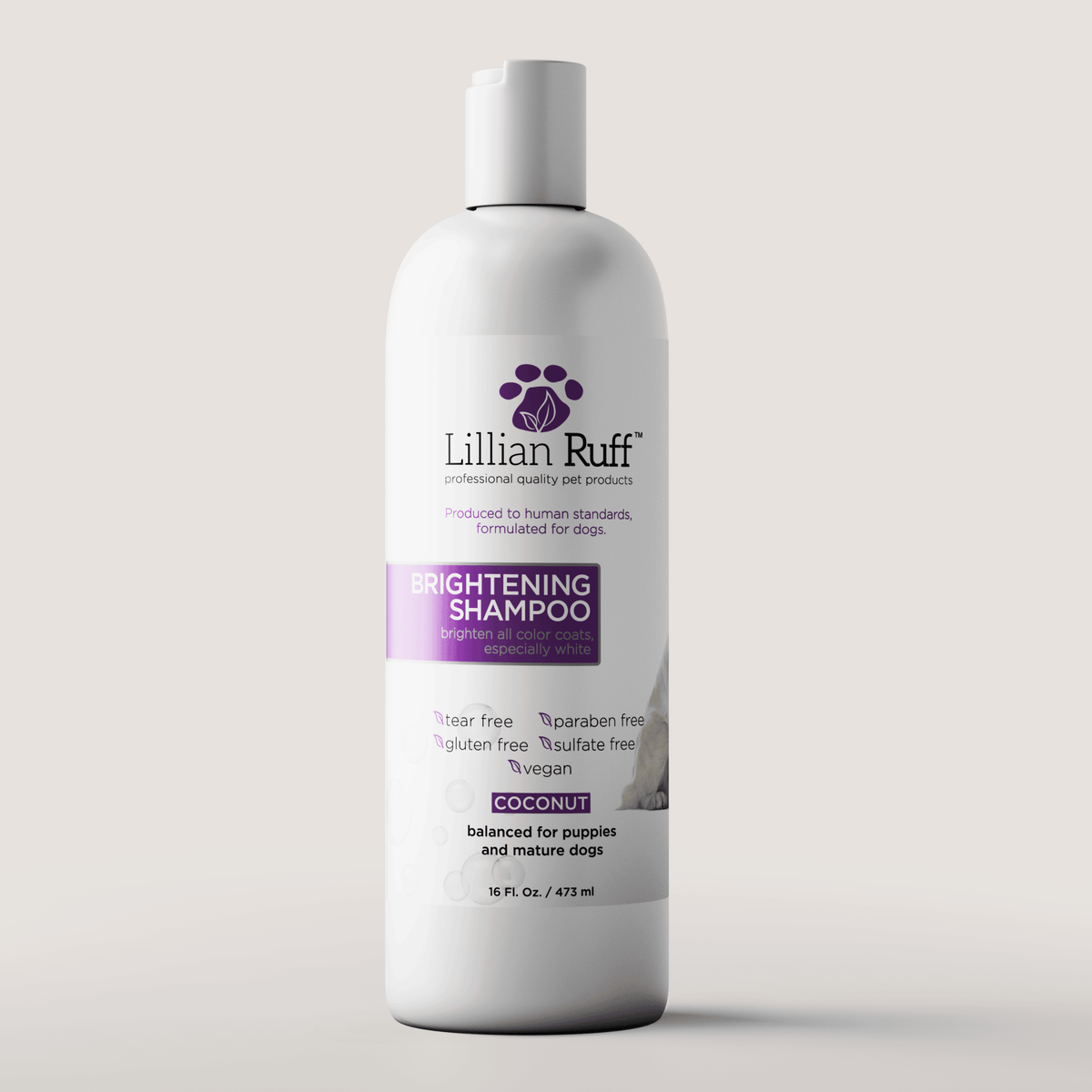 Dog brightening shampoo bottle, white plastic with purple label