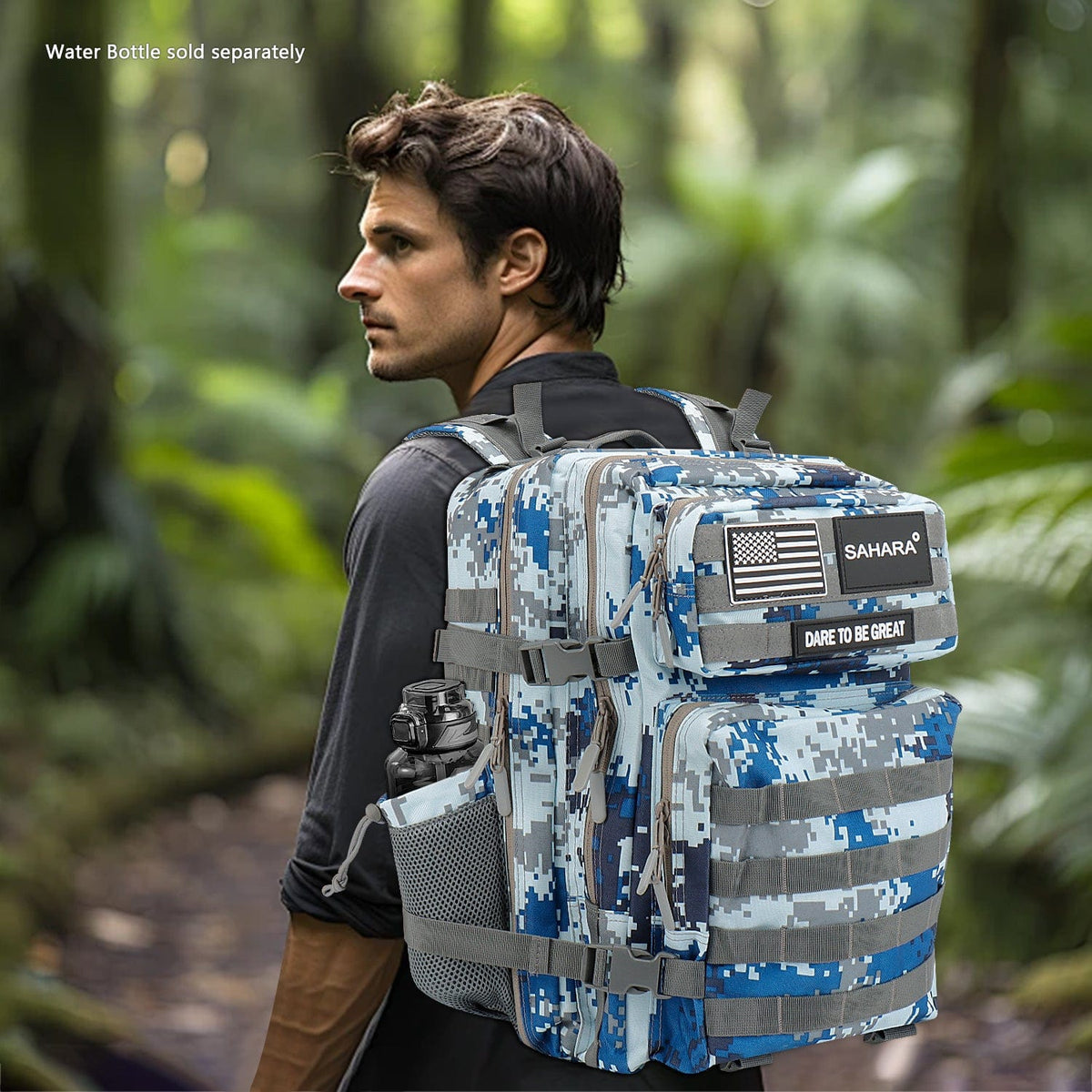 Blue digital camo backpack worn on person, front storage and side bottle pocket