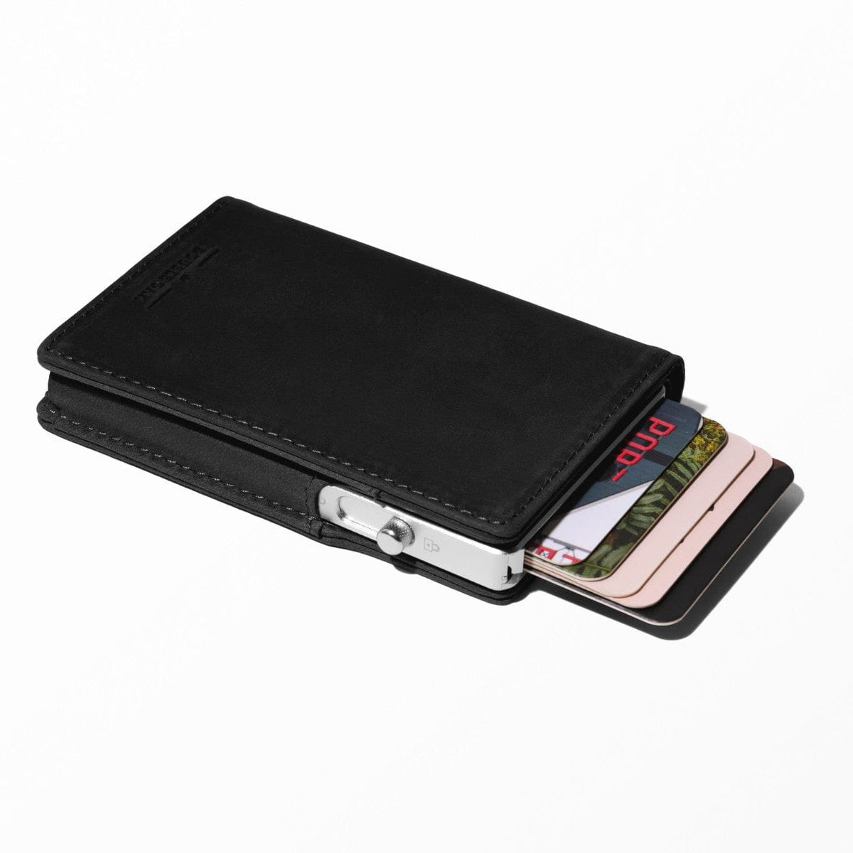 Black bifold leather wallet with snap clasp and card slots visible