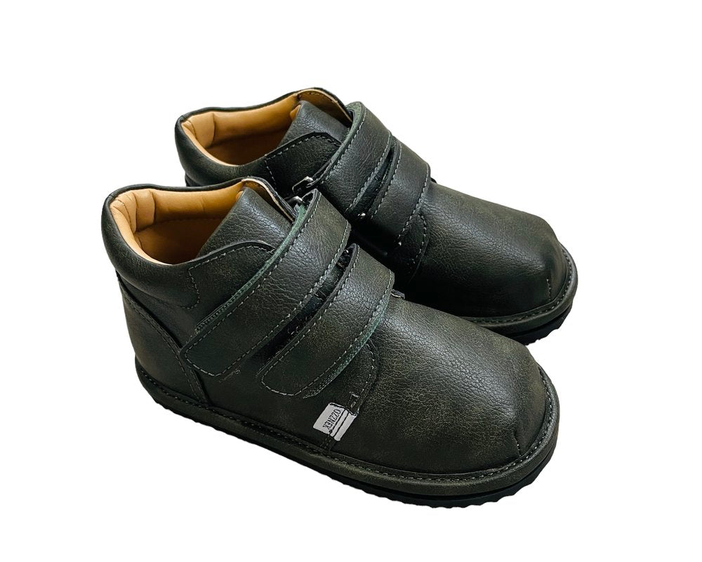 Kids barefoot shoes, dark green leather-look slip-ons with hook-and-loop straps