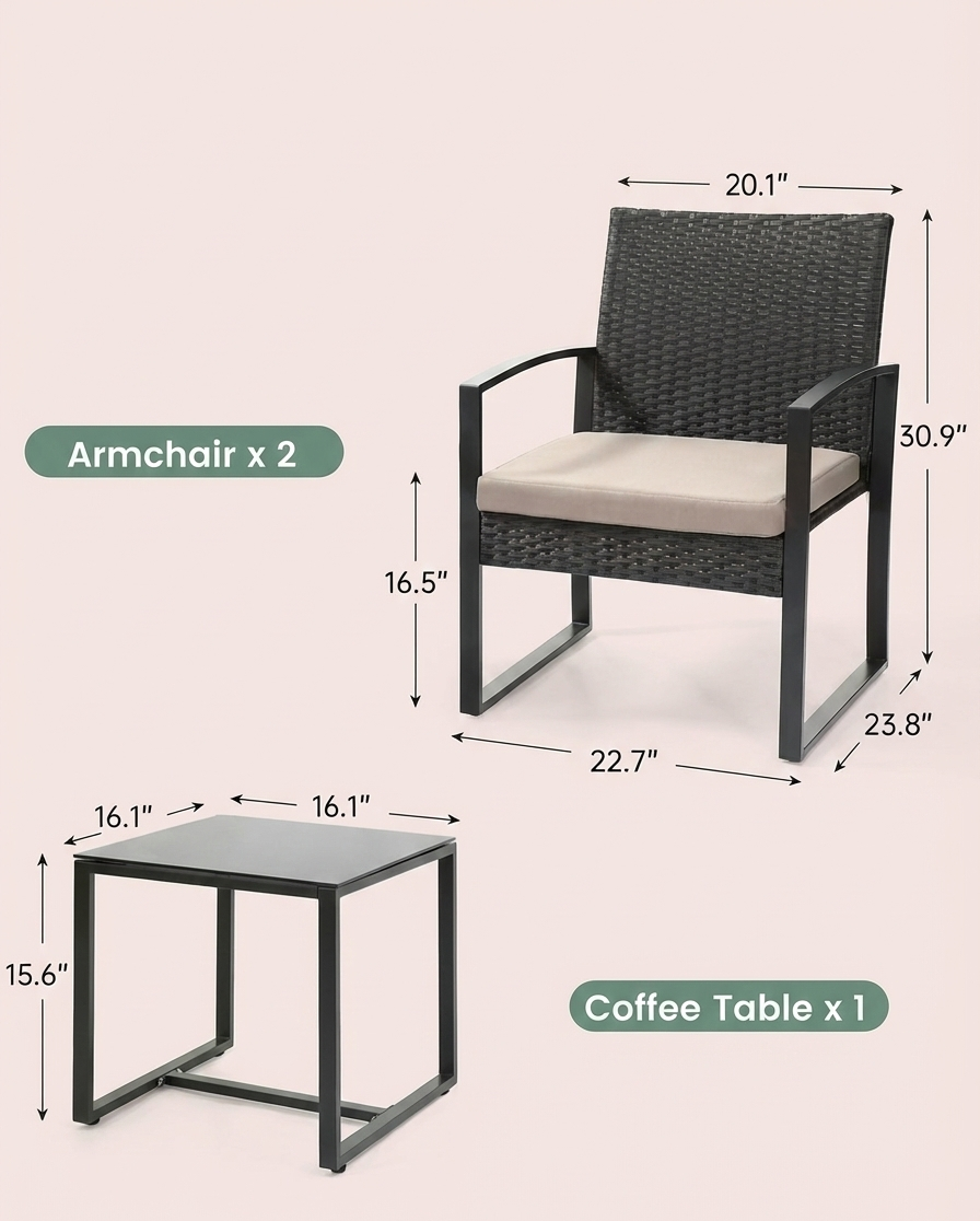 Dark woven armchairs with cream seat cushions and black coffee table, 3-piece patio set