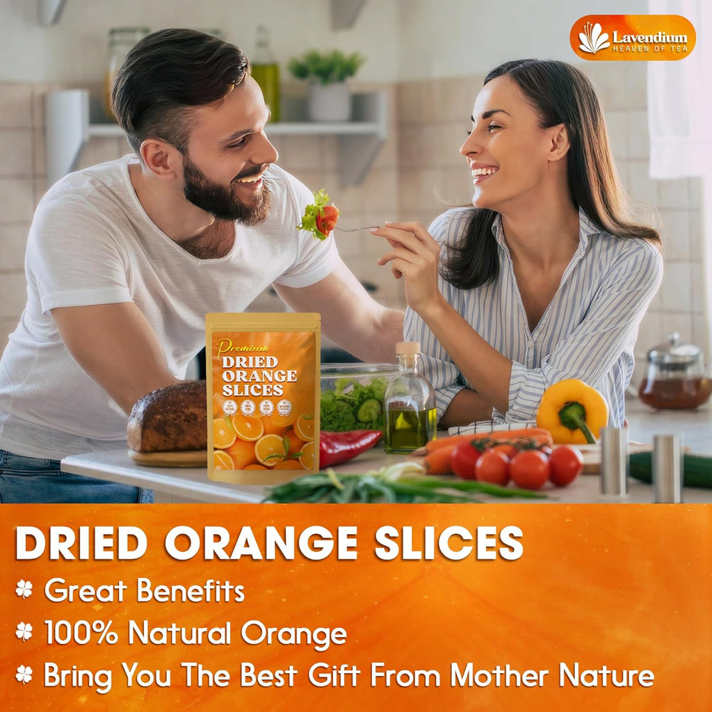 Couple with dried orange slices package on a kitchen table with food ingredients