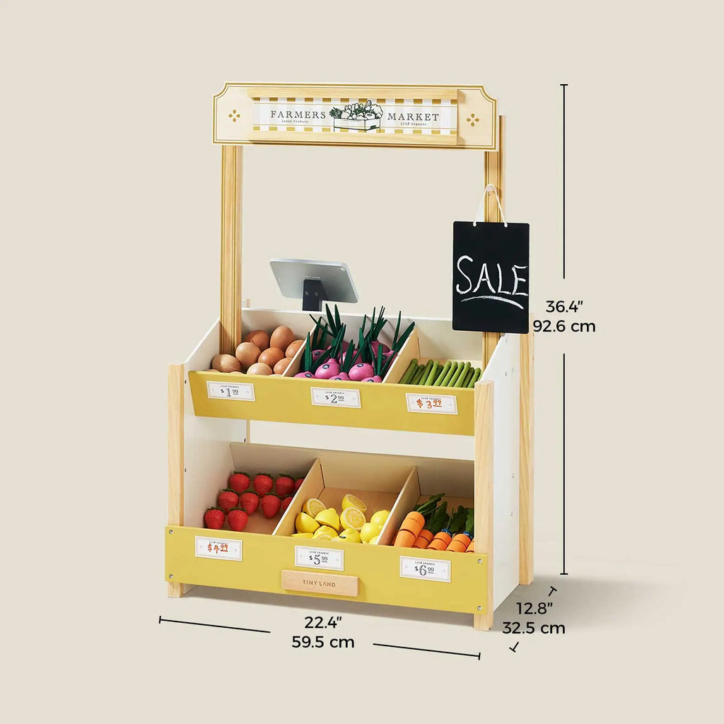 Tiny Land® kids' grocery store playset with wooden shelves and produce; hanging SALE sign