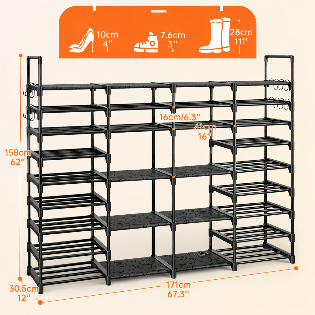 Black multi-tier shoe rack organizer with open shelves and grid shelf supports