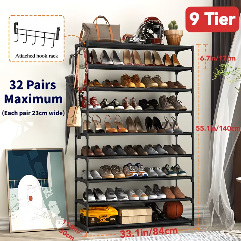Shoe rack organizer with attached hook row and multi-tier black shelves for shoe storage