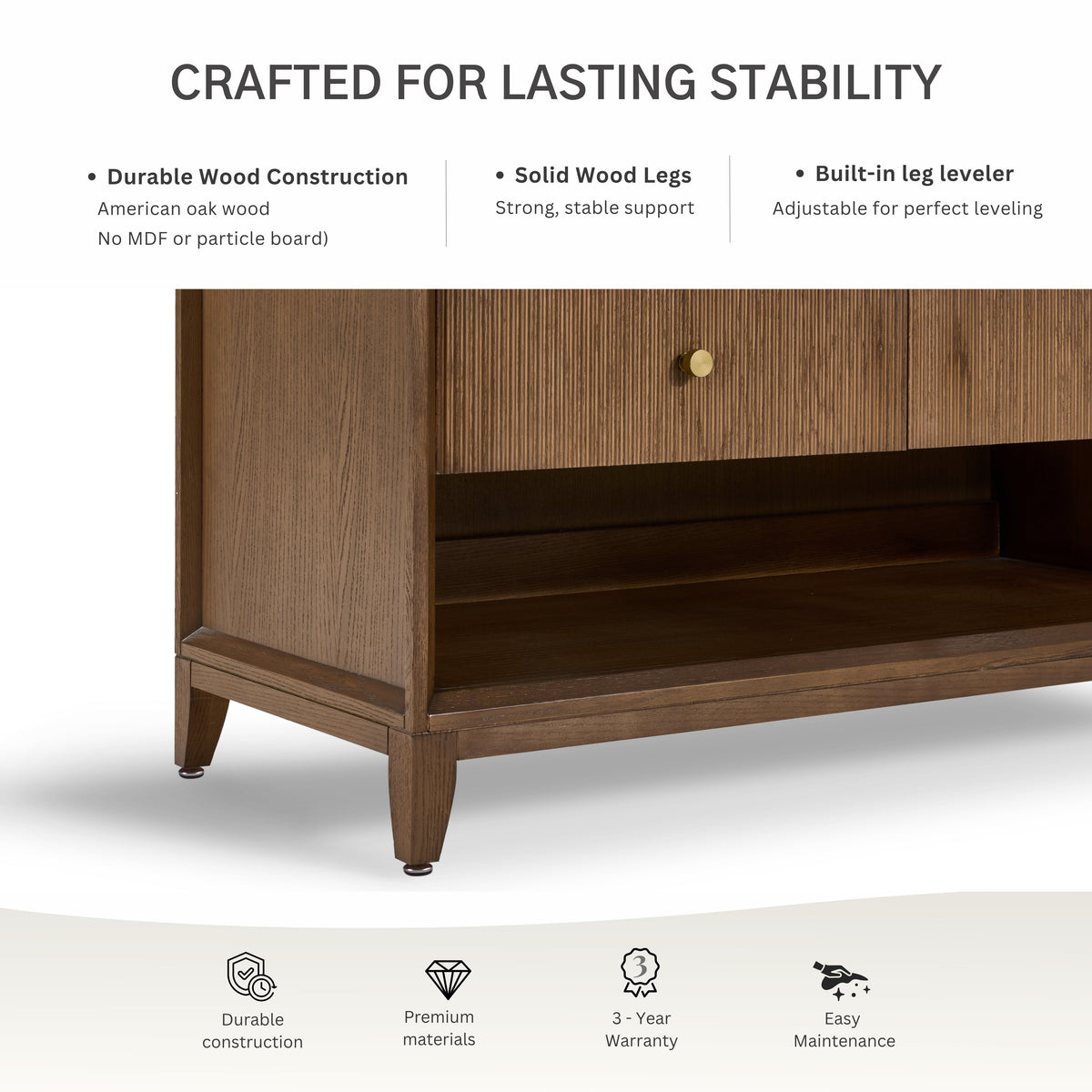 Chestnut bath vanity set with fluted drawer fronts, wood legs, and gold knob