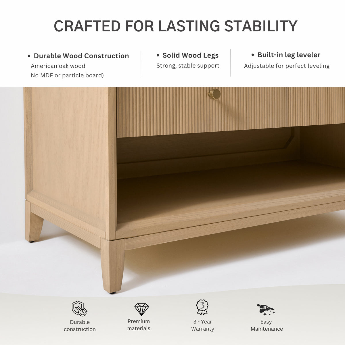 Oak vanity base with side panel, solid wood legs, and open interior storage