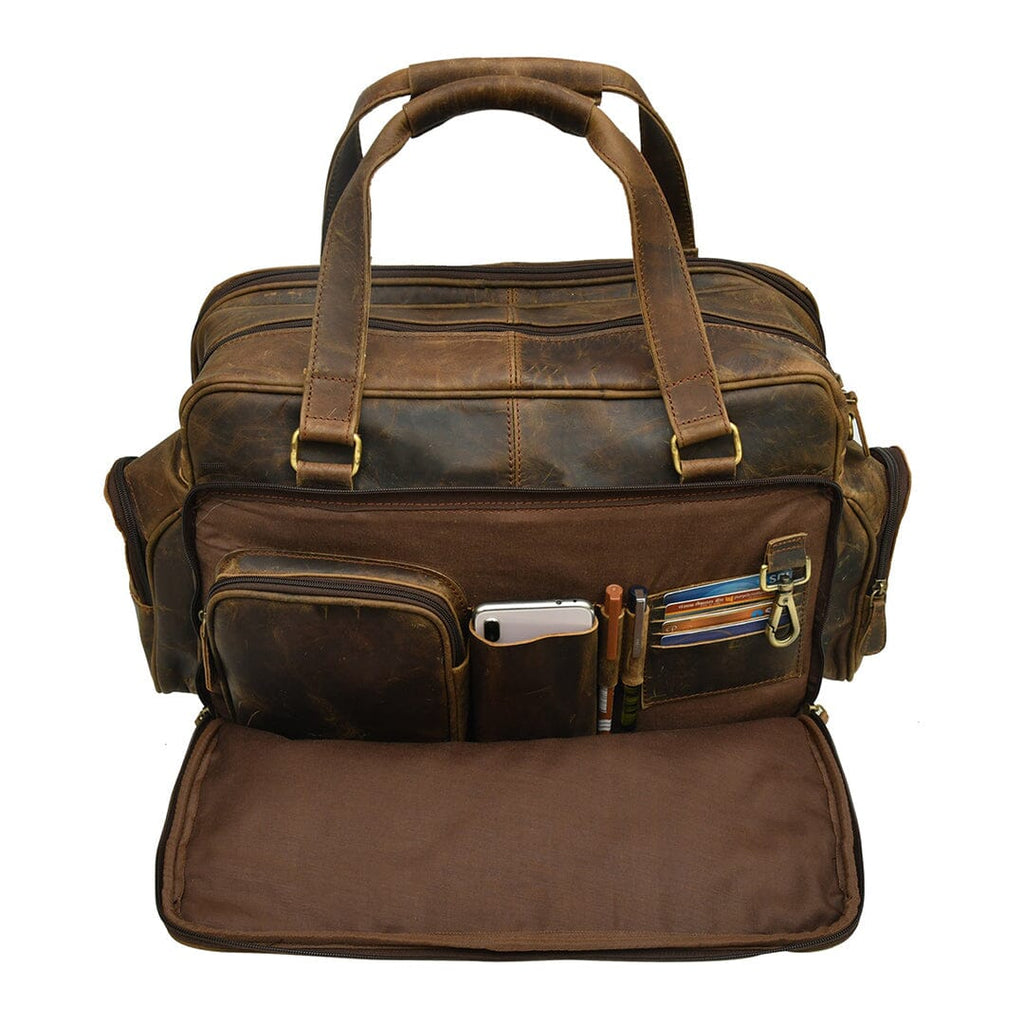 Brown leather briefcase with organizer front and pen and card slots