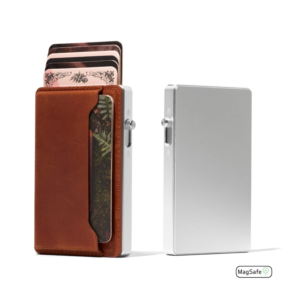 Brown leather cardholder wallet with MagSafe and patterned card pocket.