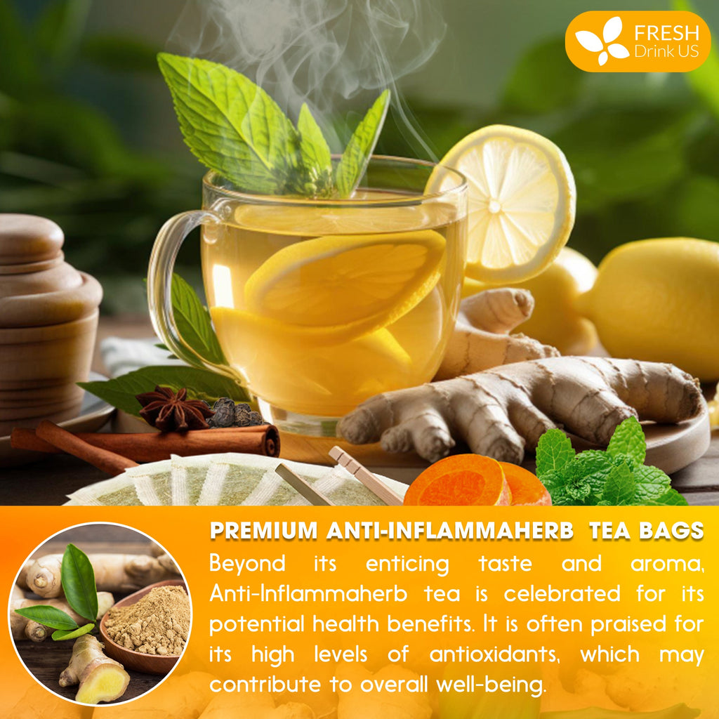 Cup of herbal tea with lemon, ginger root, and mint leaves on a table