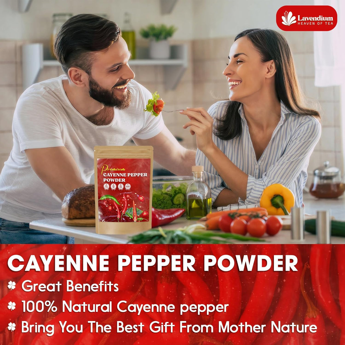 Cayenne pepper powder pouch on a table with vegetables and chili peppers