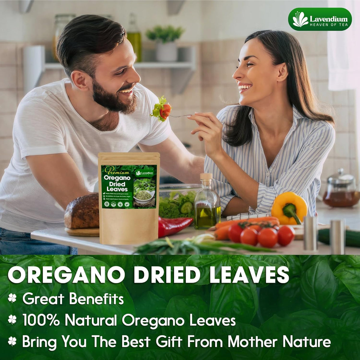Dried oregano leaves pouch on table while a couple eats nearby