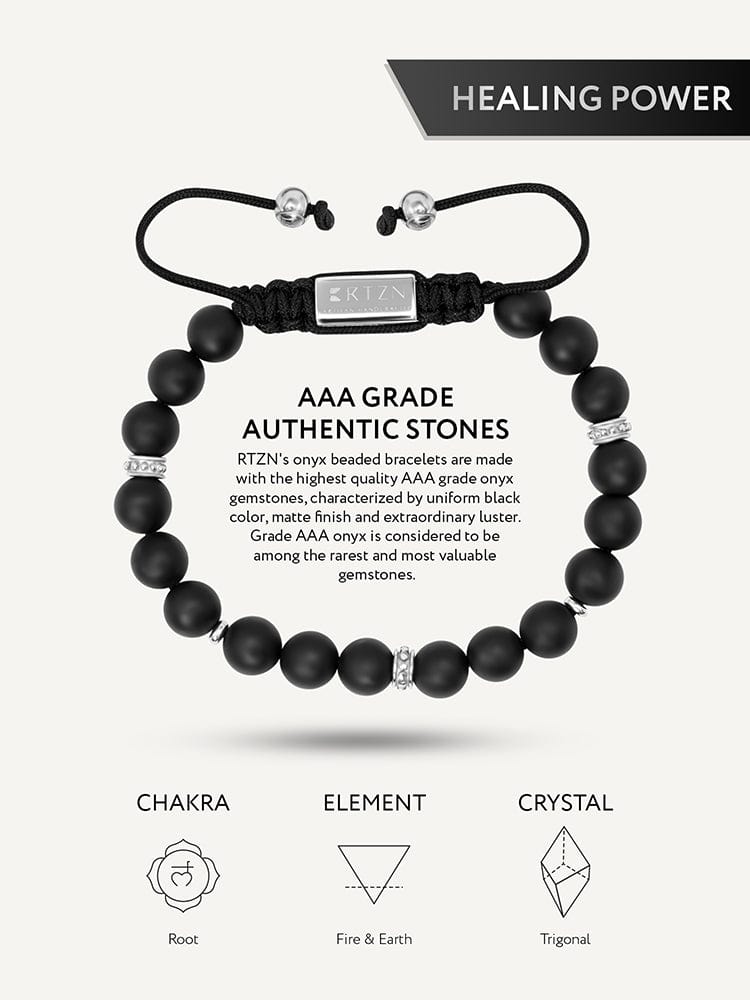 Black beaded bracelet with adjustable cord and rectangular metal center charm