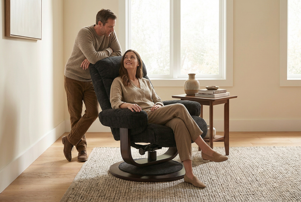 Dark recliner chair with ottoman, two-seat lounging position on swivel base