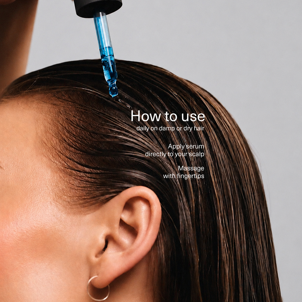 Serum dropper applying blue liquid to scalp, with instructions text overlay