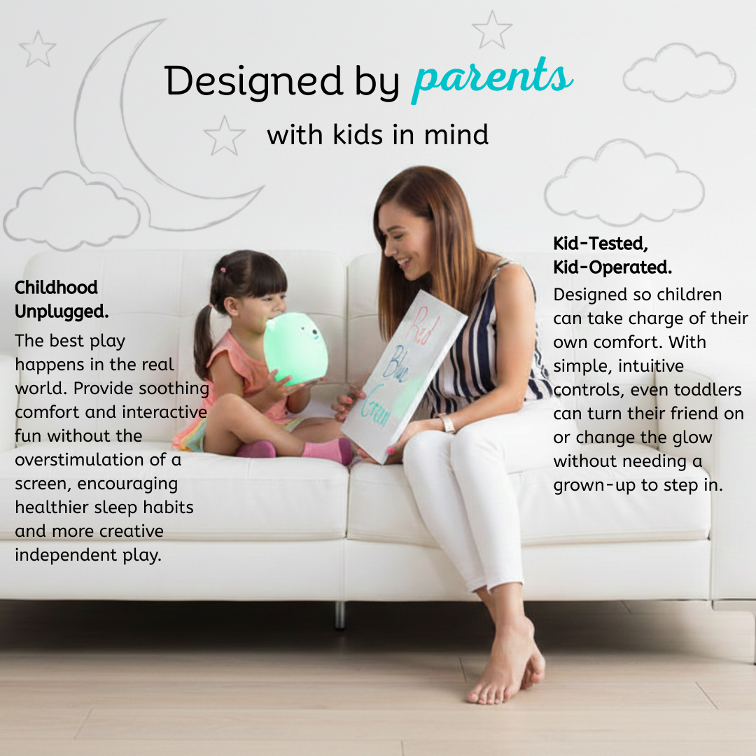 LumiPets Honey hippo touch night light used by a parent and toddler on a sofa
