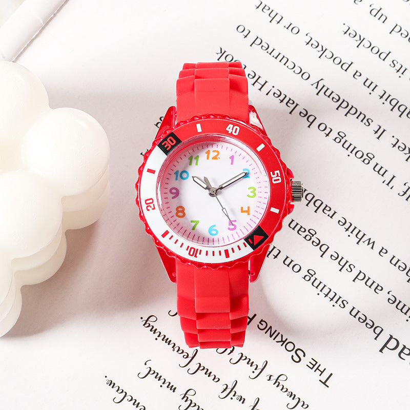 Red kids analog wristwatch with silicone strap and colorful number dial