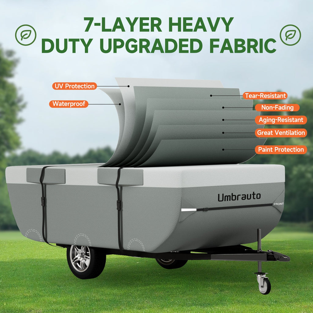 Gray 7-layer heavy-duty camper cover with reinforced panels and tie straps