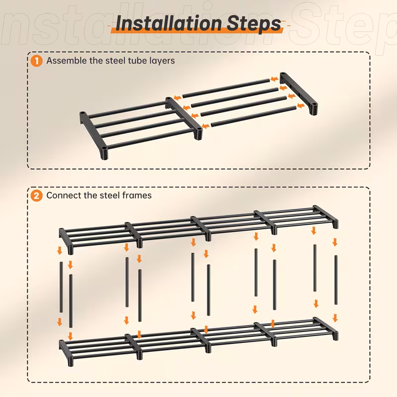 Shoe rack organizer installation steps, black metal frame bars and shelf supports