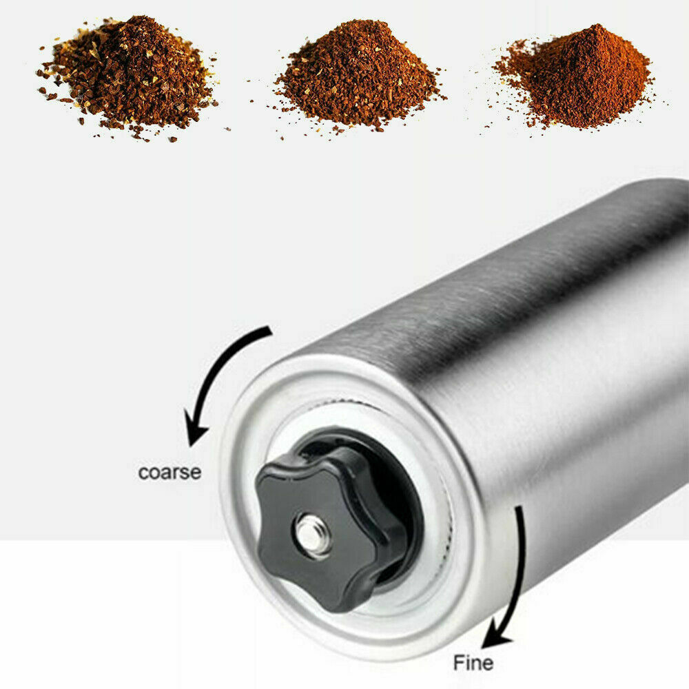Stainless steel manual coffee grinder base showing coarse-to-fine adjustment dial