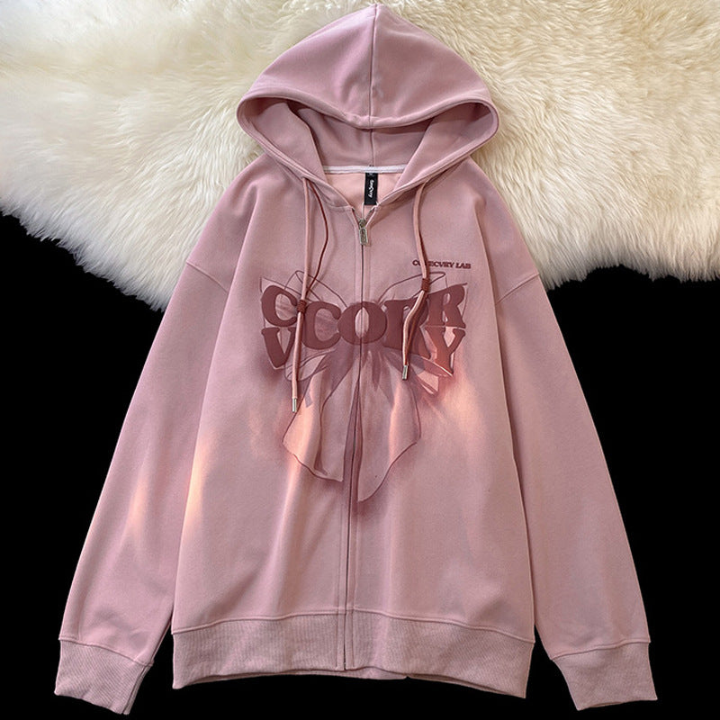 Pink zip-up hooded cardigan with foamed print and drawstring ties