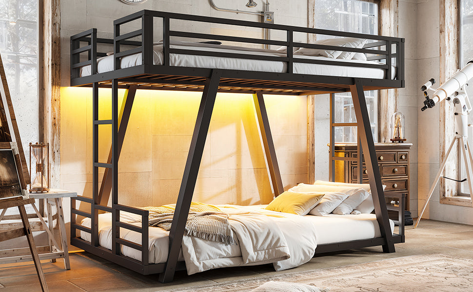 Black metal bunk bed with guardrails, side ladders and bedding on both bunks