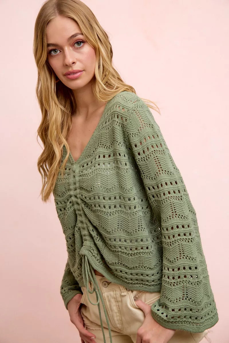 Sage green pointelle knit V-neck ruched front top, long balloon sleeves