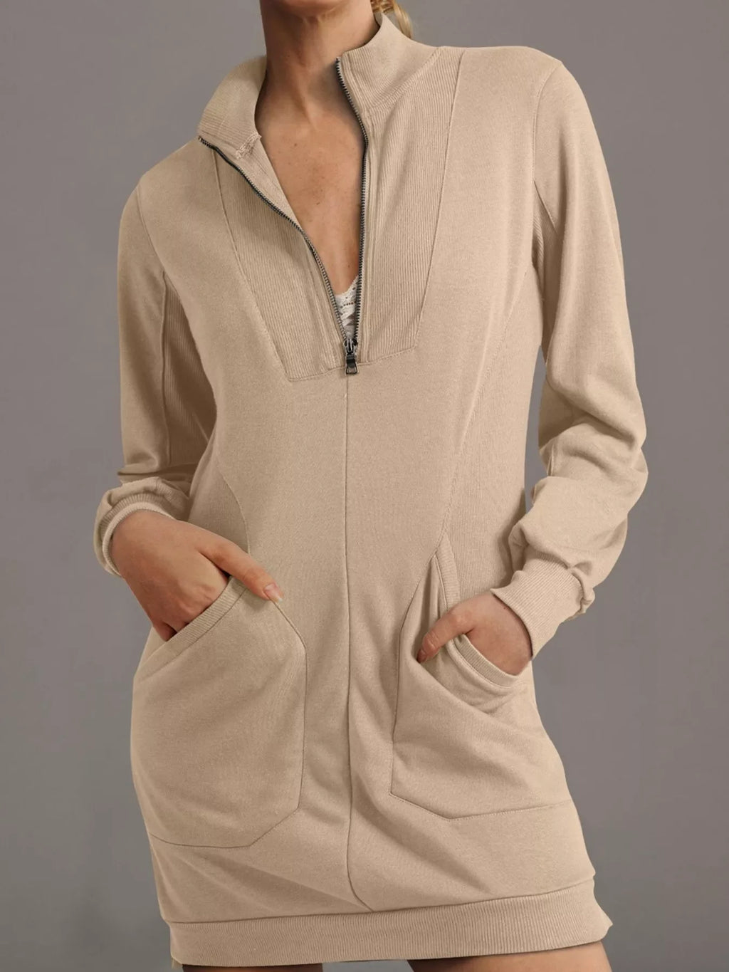 Khaki zip-up collared sweatshirt dress with long sleeves and front pockets
