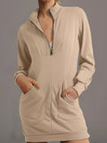 Khaki zip-up collared sweatshirt dress with long sleeves and front pockets