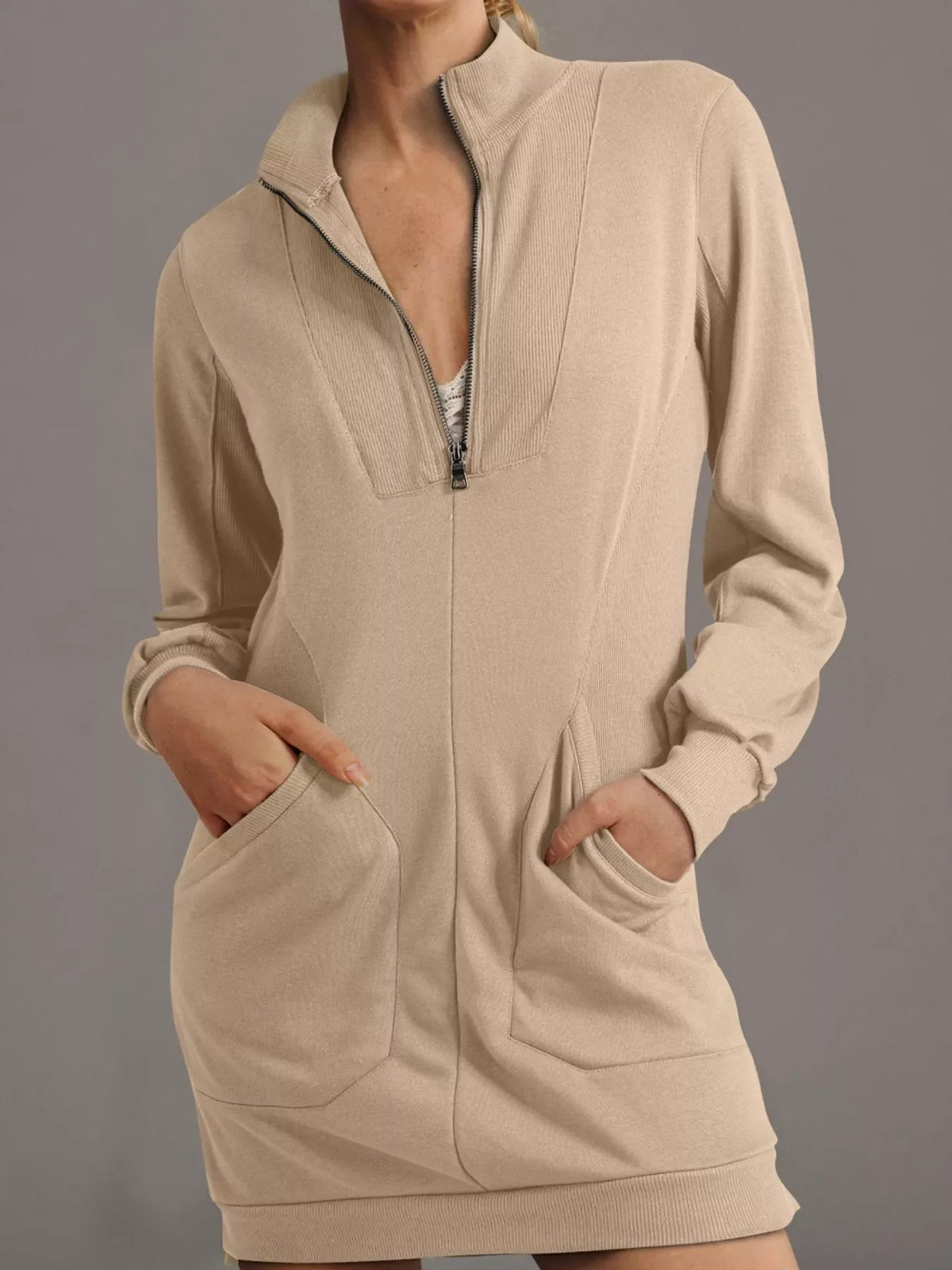 Khaki zip-up collared sweatshirt dress with long sleeves and front pockets
