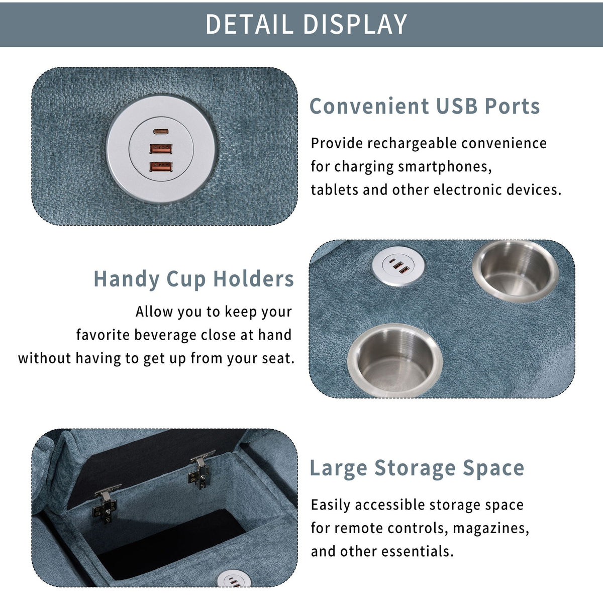 Detail view of USB ports, cup holders, and storage area on the sectional sofa