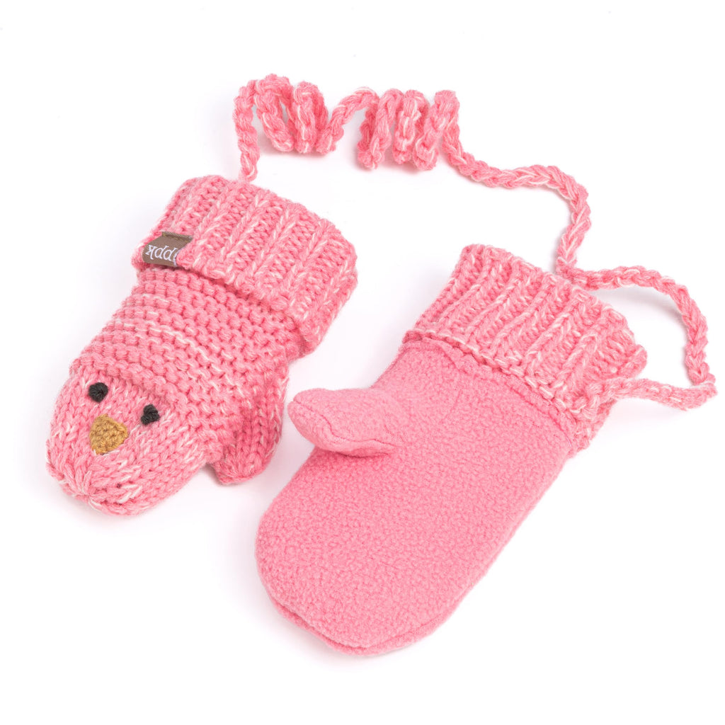 Pink chick knit mittens with cord ties, one showing reverse side texture