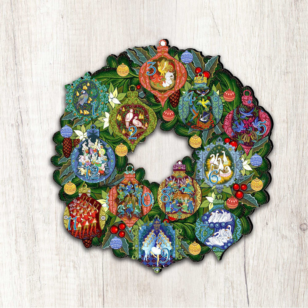 12 Days of Christmas door wreath close-up with colorful numbered ornaments on green leaves