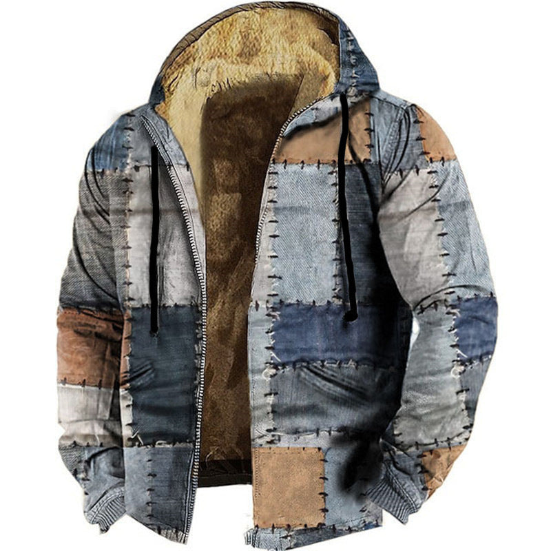 Patchwork hooded padded jacket with zip-front and black drawstring hood, tan lining