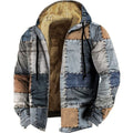 Patchwork hooded padded jacket with zip-front and black drawstring hood, tan lining