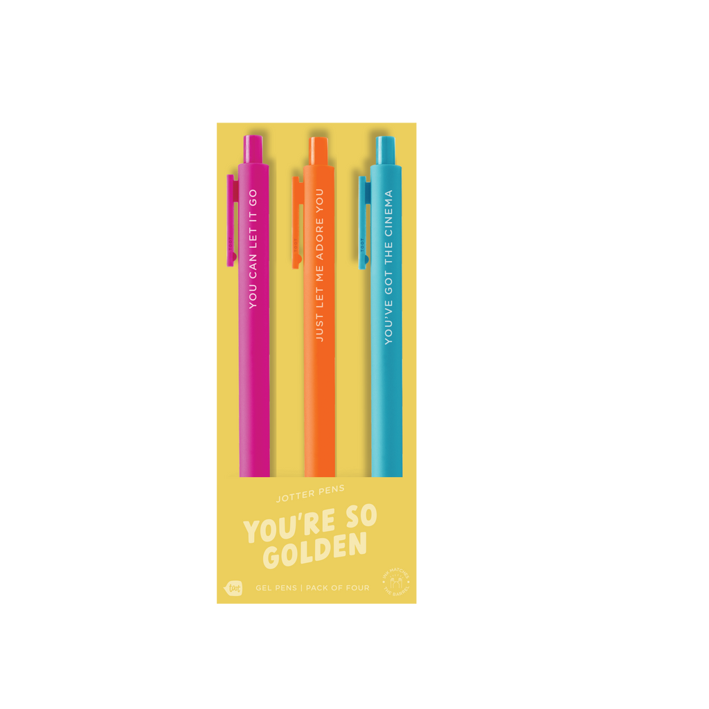Gel pen set with yellow, pink, orange, and light blue pens