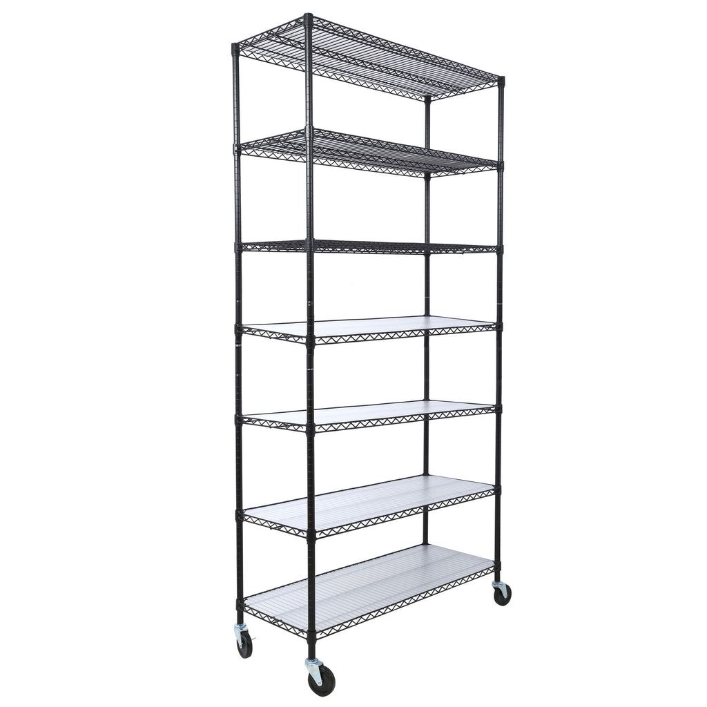 Black metal wire 7-tier shelving unit with grid shelves and caster wheels